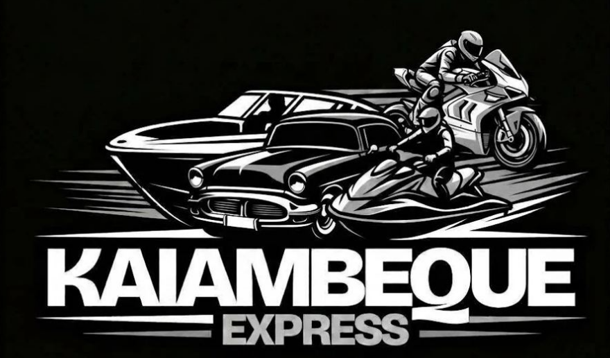 Logo Kaiambeque Express com carro clássico, barco, jet ski e moto